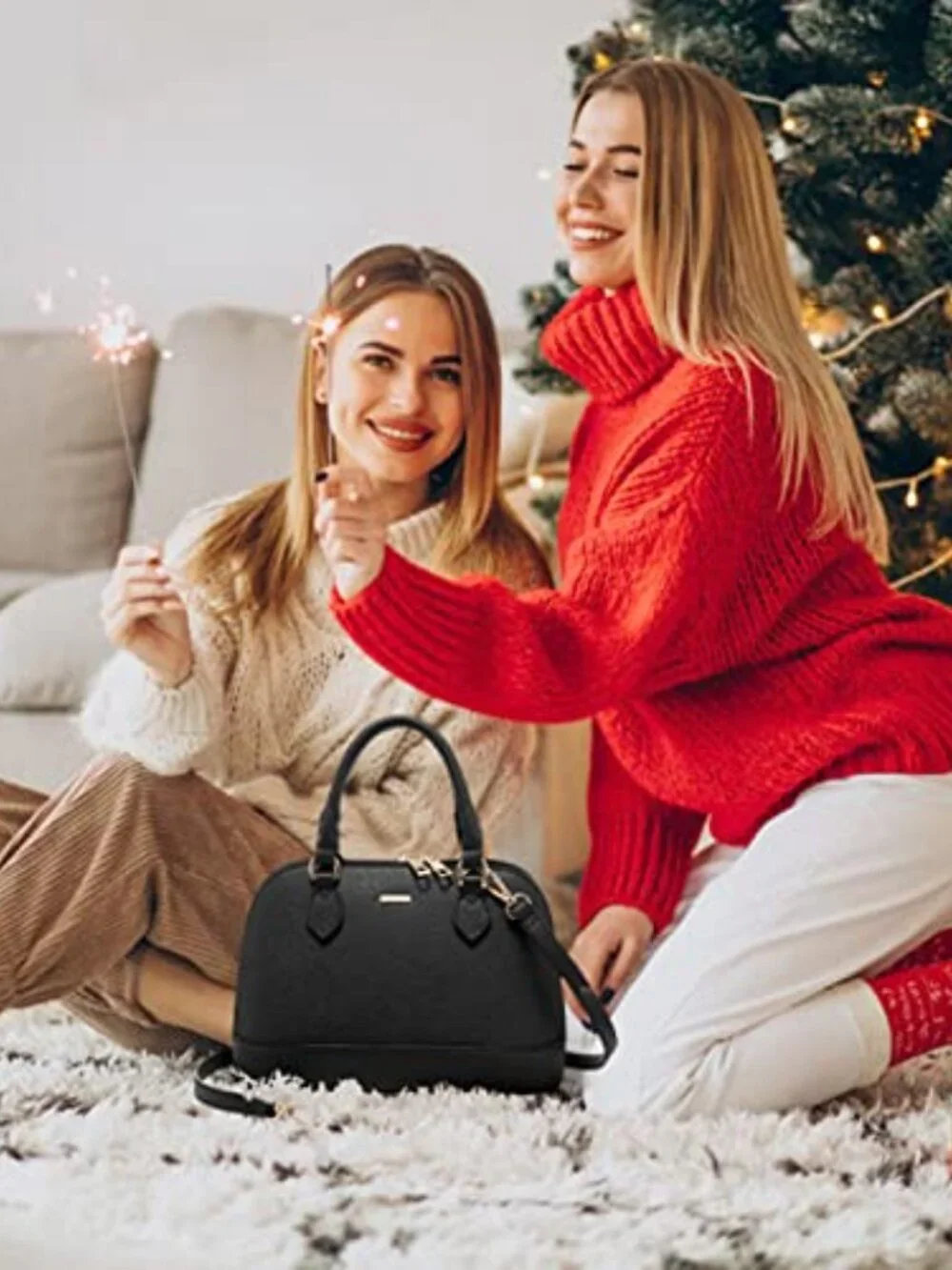 Faux Leather Satchel Crossbody Bag with Double Zip Top Handle